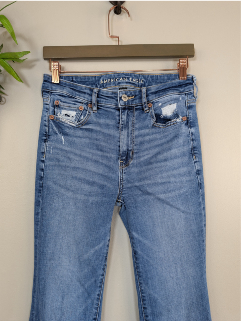 AE 2 Super Hi Rise Flare Jeans Frayed Distressed Medium Blue Wash American Eagle - Picture 5 of 12